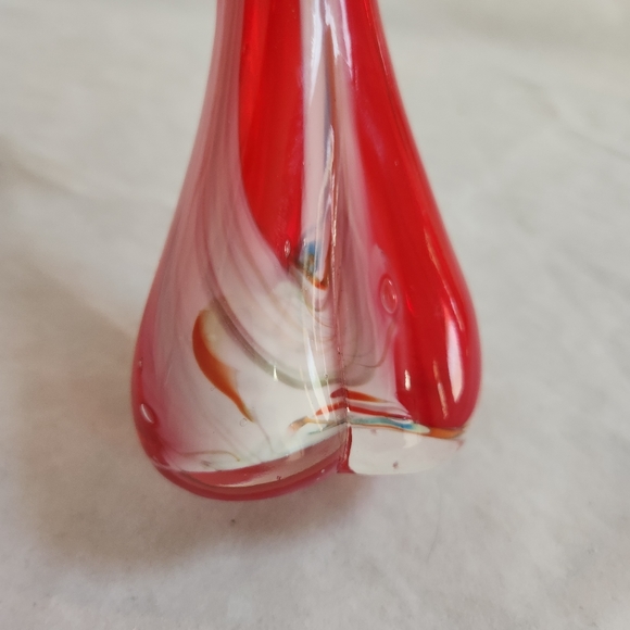Vintage Swung Art Glass Red Vase w/ White Stripes - Picture 12 of 13